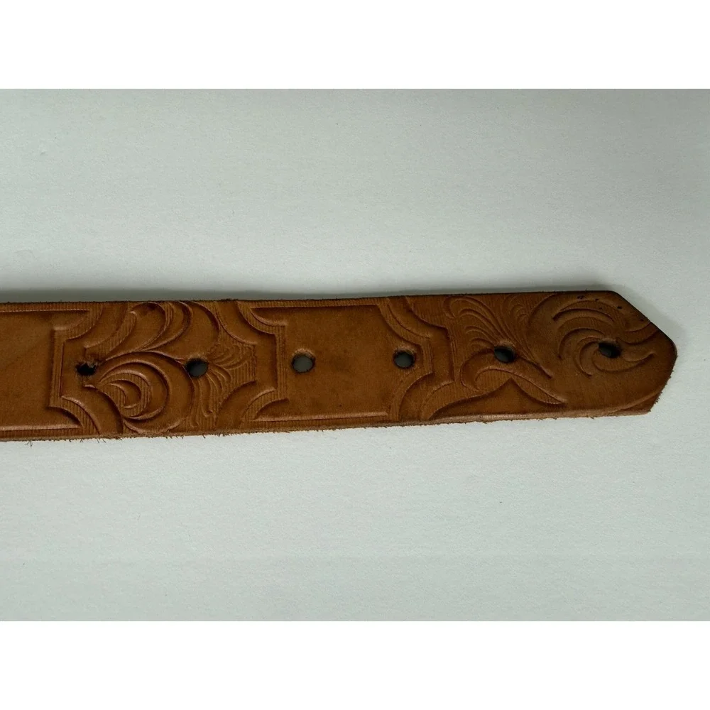 VTG Girls Embossed Leather Western Belt Floral Peg Buckle Tan/Brown Size Small